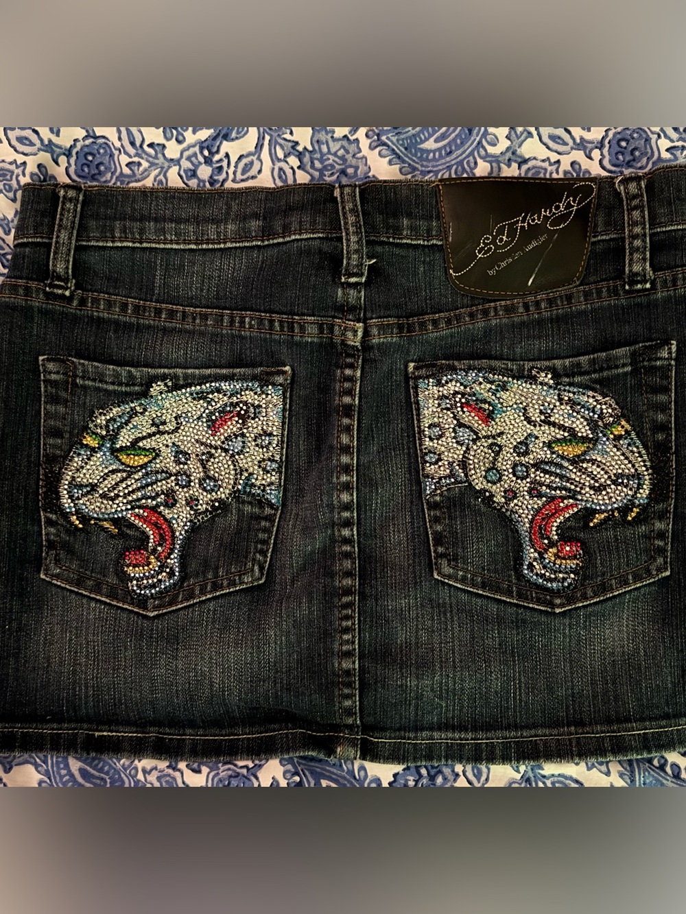 Ed Hardy Y2K Denim Mini Skirt Rhinestone Jaguar pockets!